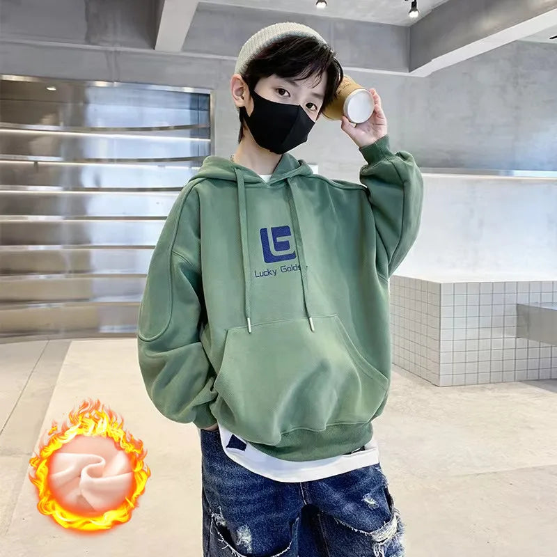 Winter Boys Warm Loose Fleece Lined Sweatshirt Jackets School Kids Track Pullover Coat Tops Children Workout Jumper