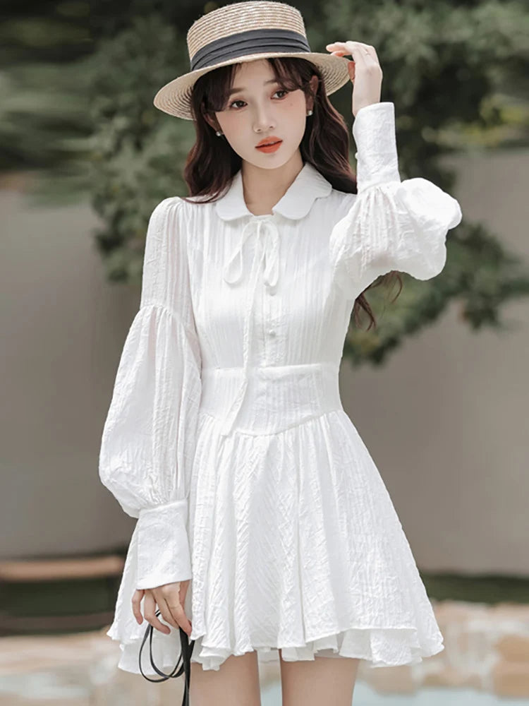 Spring Summer White Chiffon Bow Polo Collar Mini Dress 2024 New Elegant Bodycon Ruffled Dress Women Korean Casual Party Vestidos