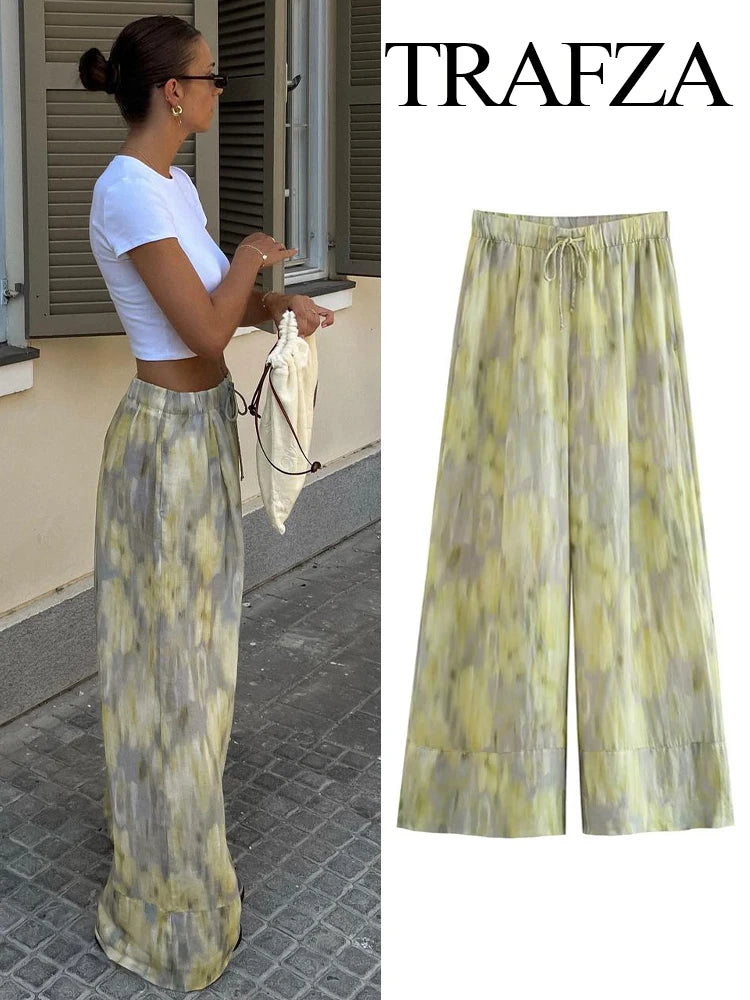 Woman Fashion Vintage Printed Trousers Summer Woman Tie-dye Patchwork High Waist Bow Tie Elastic Waist Wide Leg Pants