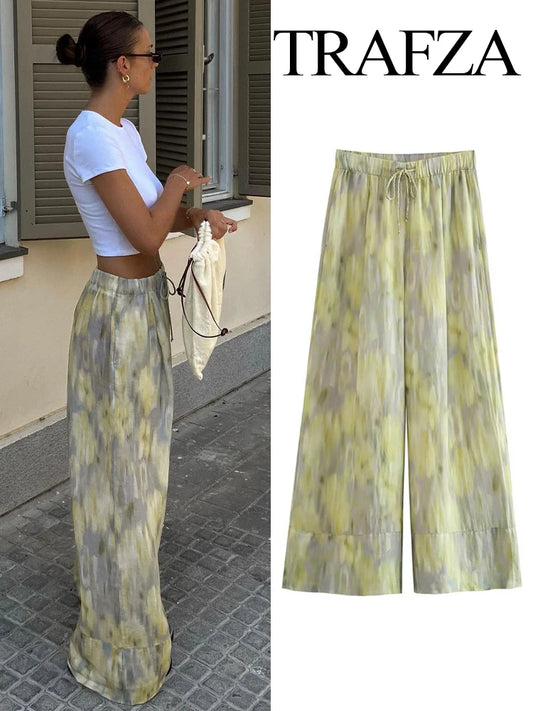 Woman Fashion Vintage Printed Trousers Summer Woman Tie-dye Patchwork High Waist Bow Tie Elastic Waist Wide Leg Pants