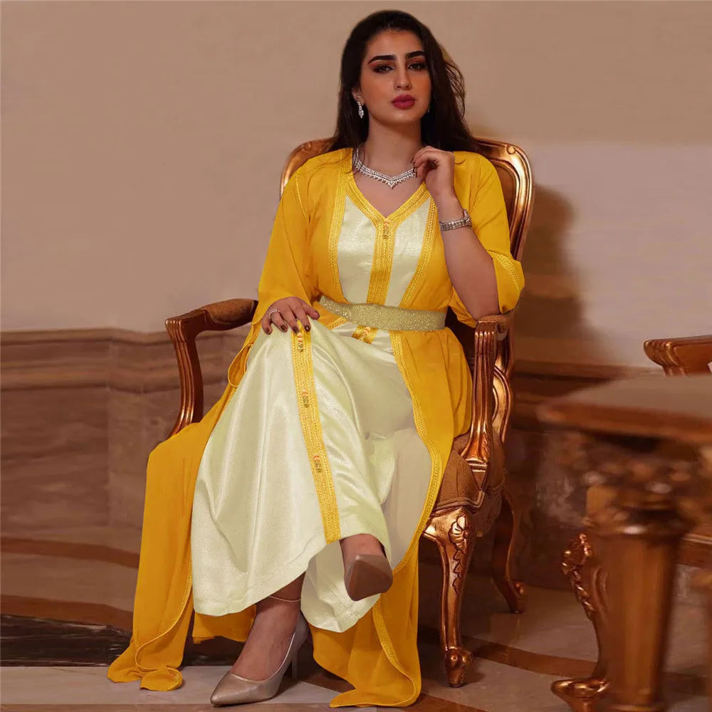 Muslim Open Abayas Sleeveless Dress 2 Piece Women Kaftan Chiffon Set Caftan Islamic Ramadan Vestidos Outfit