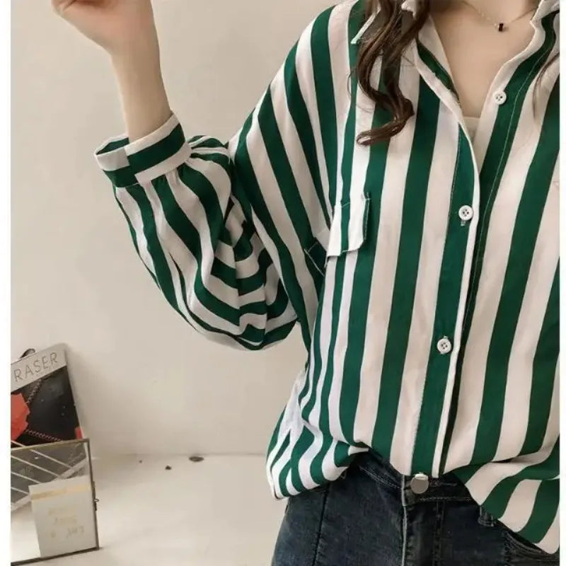 Korean Oversized Women Clothing Striped Shirt Spring Autumn New Fashion Youth Chic Pretty Loose Long Sleeve Basic Casual Blouse