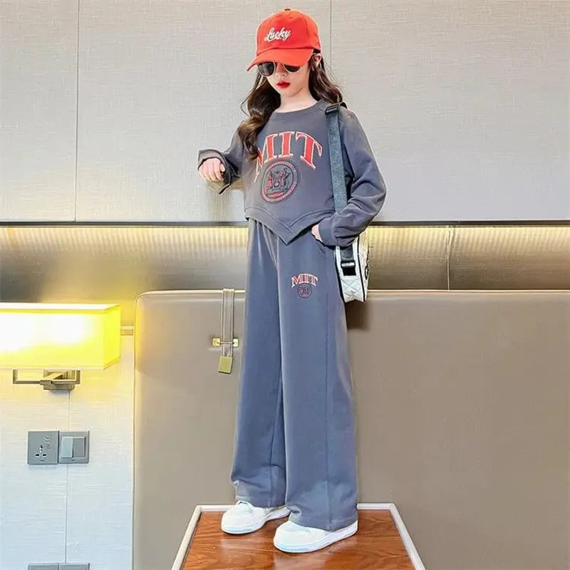 Girls Casual Sports Suit Kids Fashion Printed Letter Irregular Top Long Pants 2 Piece Set 3-15Y  Clothing Trend