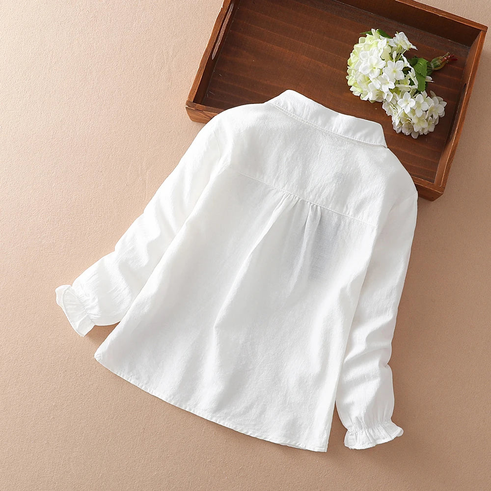 Girls Blouses 100% Cotton White Long Sleeve Autumn Kids Clothes Embroidery Tops Girls School Shirts