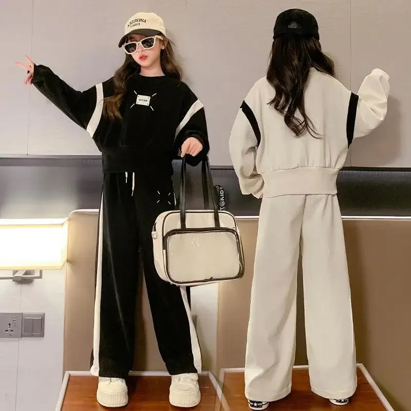 Autumn Fashion Kids Clothes Girls Suit Kids Long Sleeve Patchwork Pattern Sweatshirts Wide Leg Pants 2 Piece Set 5 to 16 Years