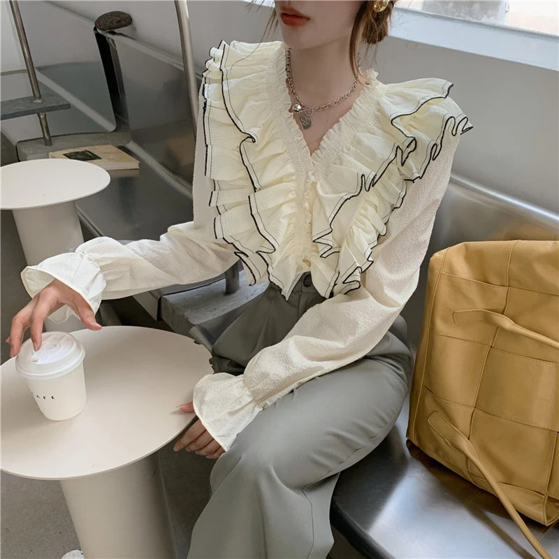 Long Flare Sleeve Ruffle Shirts Women Lady Streetwear Tops  Vintage Fungus  Blouse   Korea Fashion
