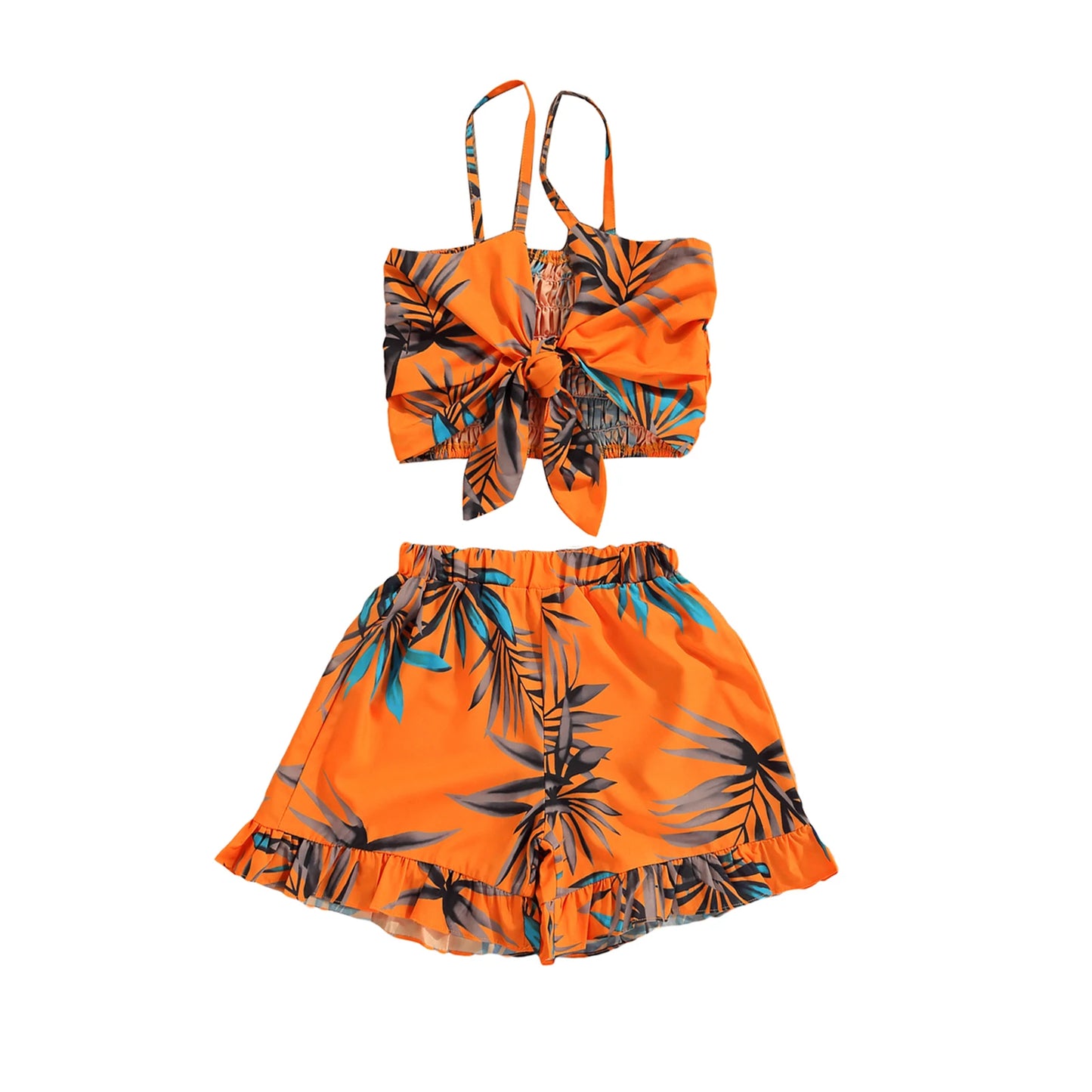1-6 Year Old Toddler Baby Girl Clothes Watermelon Sunflower Print Ruffle Drop Shoulder Strap Top Shorts 2-Piece Summer Set