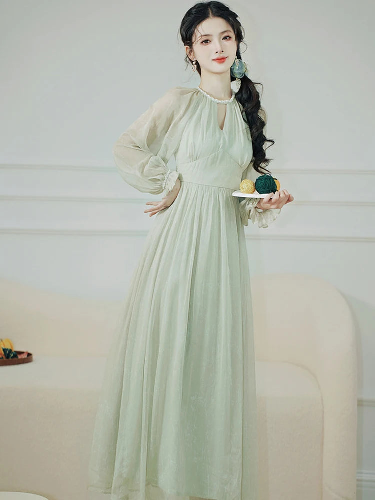Green Chiffon Chic Diamonds V-Neck Long Dress Spring Autumn Elegant Casual Home Dresses Women Korean Fashion Party