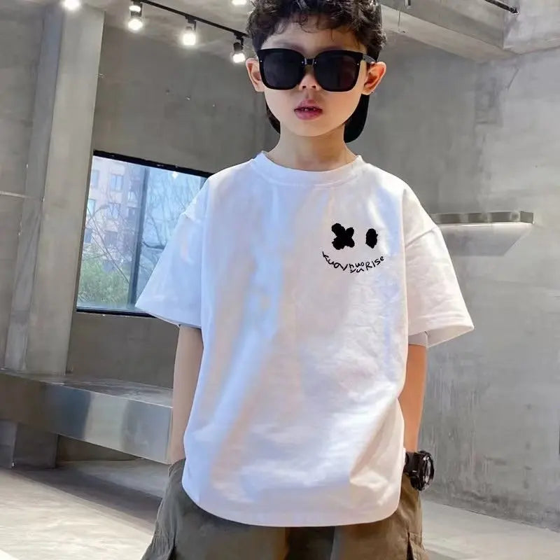 Summer Kids Clothes Streetwear Trend Letters Cartoon Print T-shirt 100% Cotton Children's Tops Short Sleeve O-neck Tees