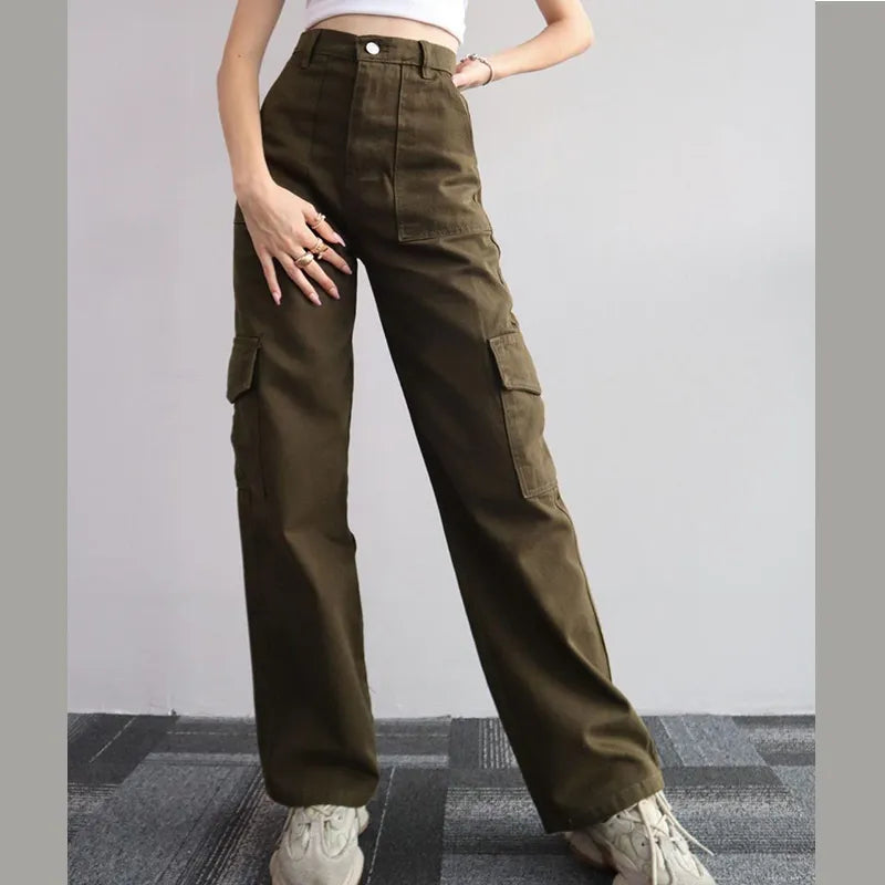 Straight Cargo Pants Women High Waist Baggy Trousers Wide Leg Casual Slim Vintage Streetwear Pocket Fashion Casual Pants
