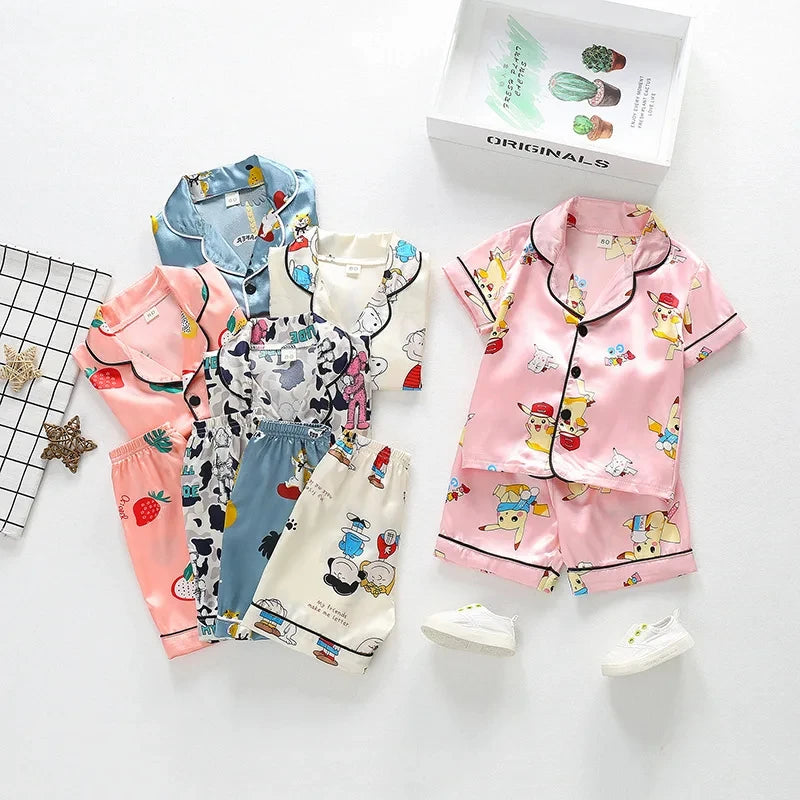 Kids Ice Silk Pajama Set Summer Baby Boys Silk Satin Cardigan Short Sleeve+Shorts 2Pcs Sets Children Casual Home Sleepwear