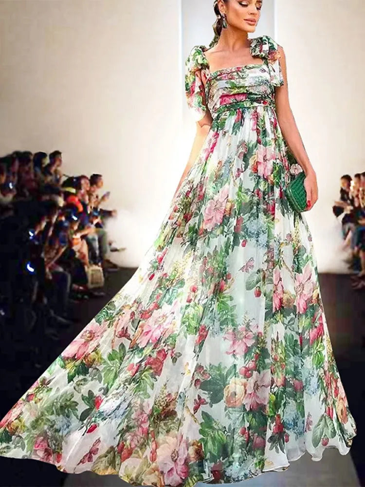 Sleeveless Party Dresses Autumn Female Chic Club Evening Vestidos Women Elegant Backless Flower Print Maxi Dress Square Neck