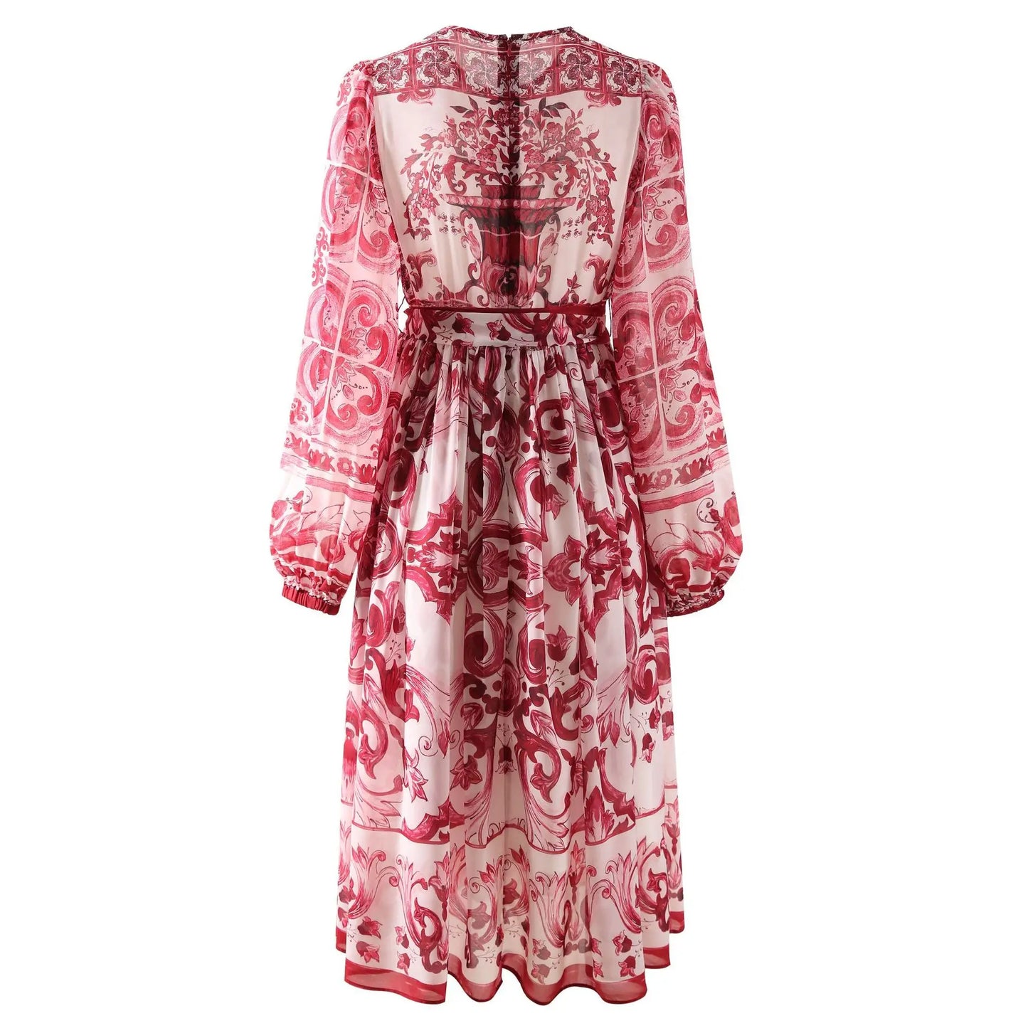 Luxury Fashion Designer Inspired Women's Red Print Chiffon Midi Dress HIGH QUALITY