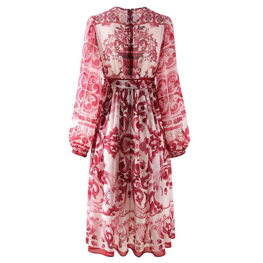 Luxury Fashion Designer Inspired Women's Red Print Chiffon Midi Dress HIGH QUALITY