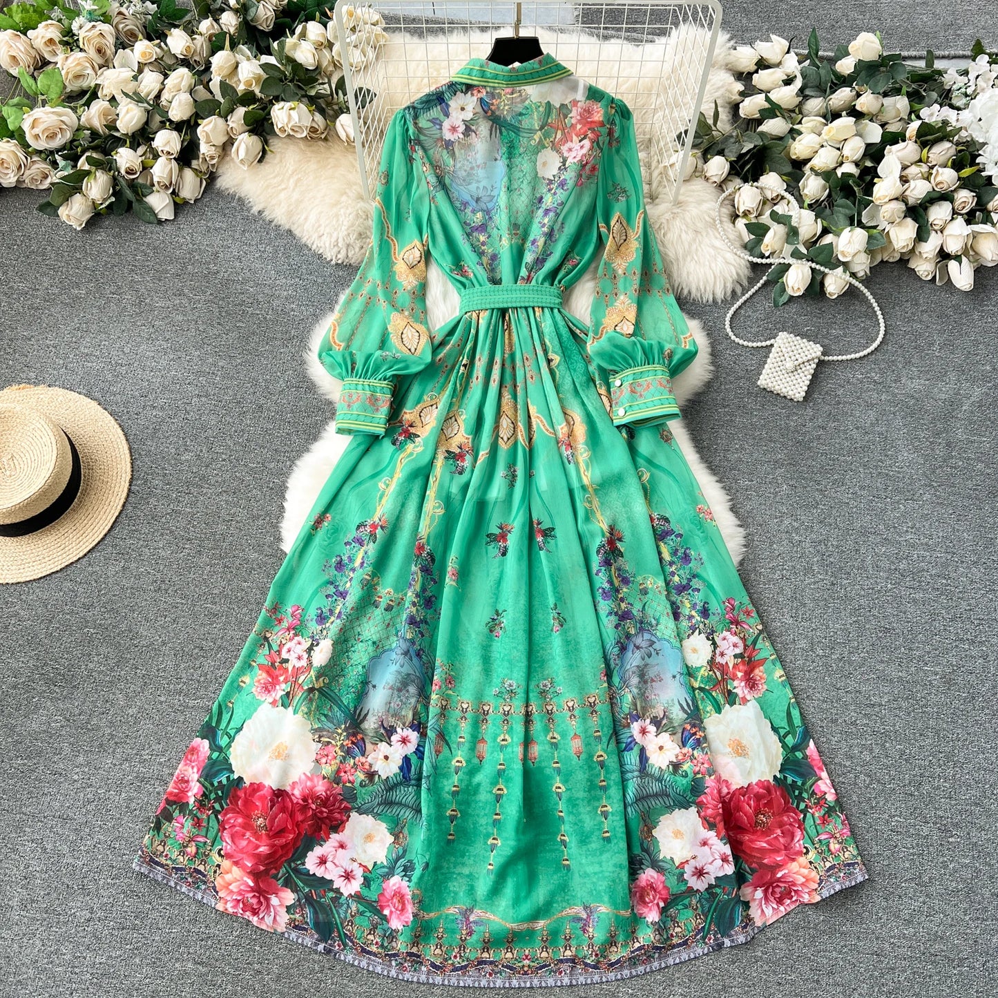 New Chiffon Floral Printed Shirt Dress Belted Long Holiday Dress  Formal Long Dresses Vestido