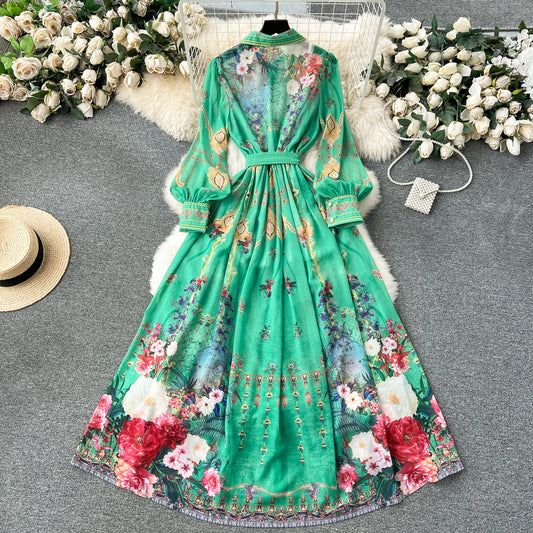 New Chiffon Floral Printed Shirt Dress Belted Long Holiday Dress Formal Long Dresses Vestido