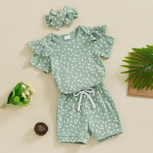Baby Girls Shorts Outfits Floral Print Short Sleeve Romper with Shorts and Heaband 3Pcs Summer Set