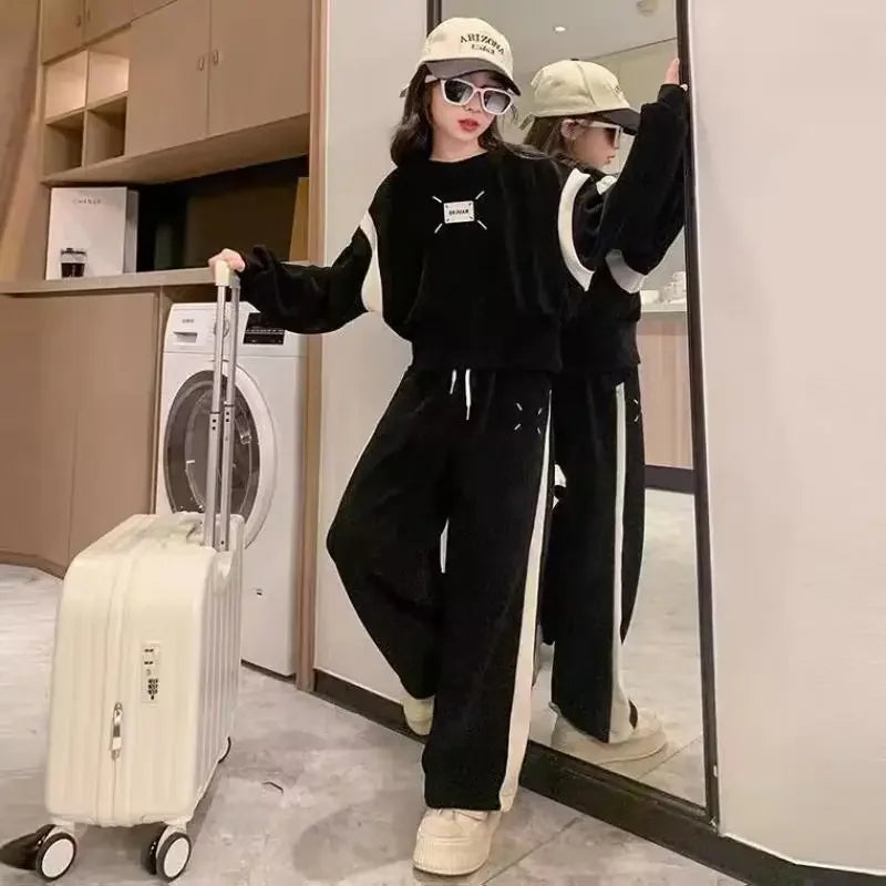 Autumn Fashion Kids Clothes Girls Suit Kids Long Sleeve Patchwork Pattern Sweatshirts Wide Leg Pants 2 Piece Set 5 to 16 Years