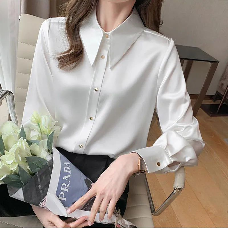 Elegant Fashion Polo-neck Chiffon Shirt Solid Long Sleeve All-match Bottomed Blouse Top Women Cardigan