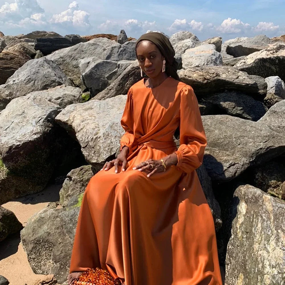 Satin Abaya Wrap Dress Luxury Dubai Muslim Dresses for Women Abayas Turkey African Islamic Clothes Ramadan Eid Kaftan Hijab Robe