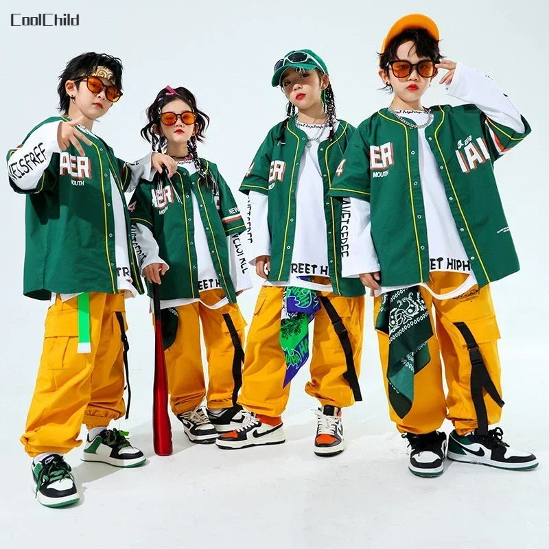 Hip Hop Boys Fashion Baseball Jacket Solid Caro Pants Girls Cool Streetwear Children Jazz Clothes Sets Kids Street Dance Costume