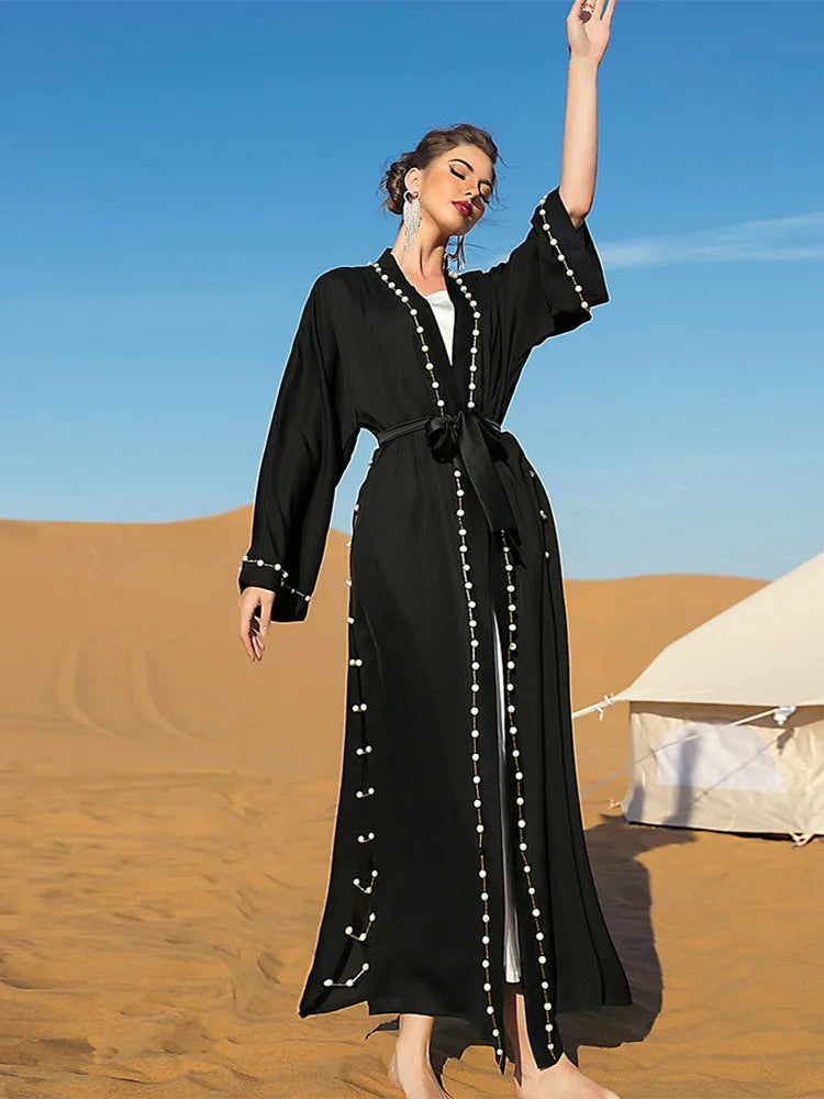 Ramadan Eid Djellaba Abaya Muslim Dress Kimono for women Cardigan Robes Pearl Beading Muslim Islam Abayas With Belt