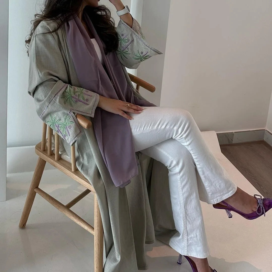 Muslim Cardigan Embroidery Abaya Robe Loose Women's Wear Coat For Slight Green Women Clothing