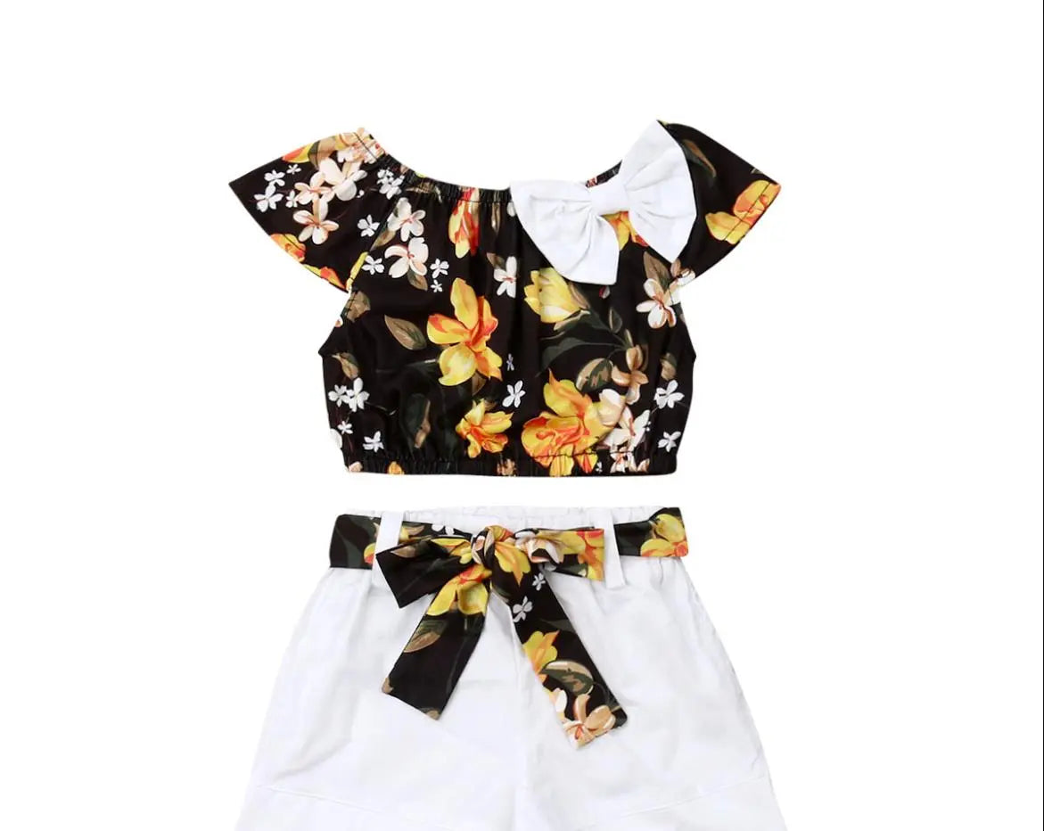 1-6 Year Old Toddler Baby Girl Clothes Watermelon Sunflower Print Ruffle Drop Shoulder Strap Top Shorts 2-Piece Summer Set