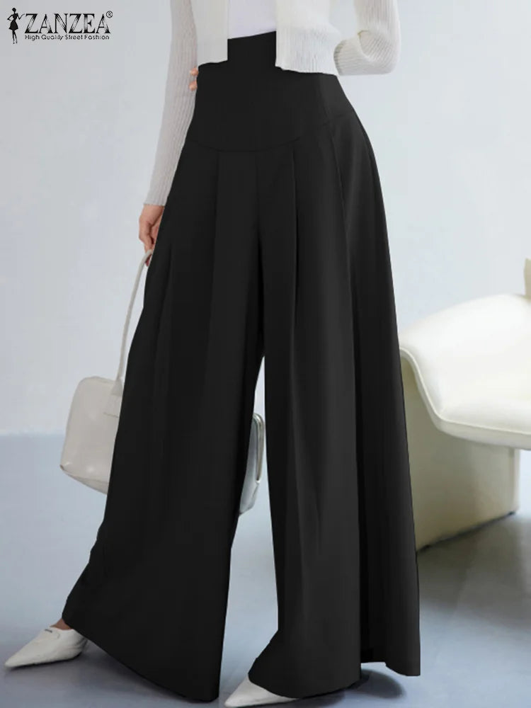 Elegant Women Pants Fashion Pleated Wide Leg Pants Casual Elastic High Waist Long Trousers Solid Party Thin Pantalon