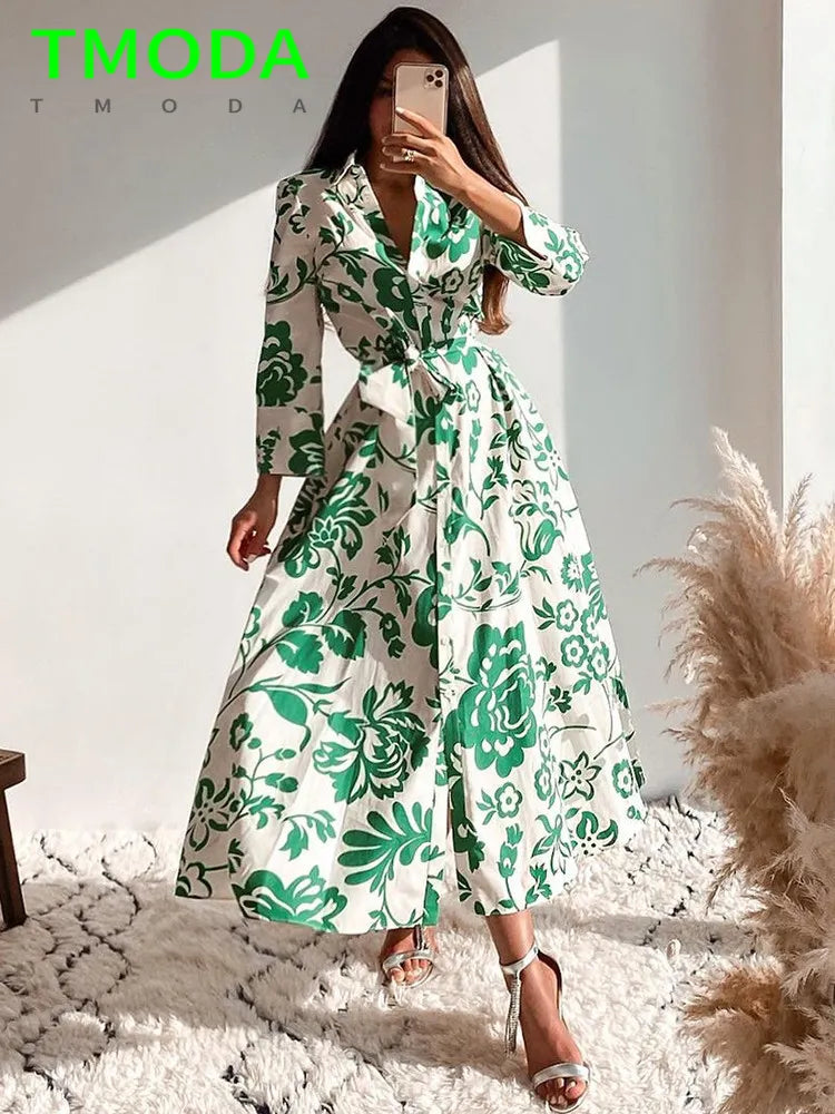 Women Green Floral Midi Dress With Belt Vintage Three Quarter Sleeve Dress Female Outwear Vestidos