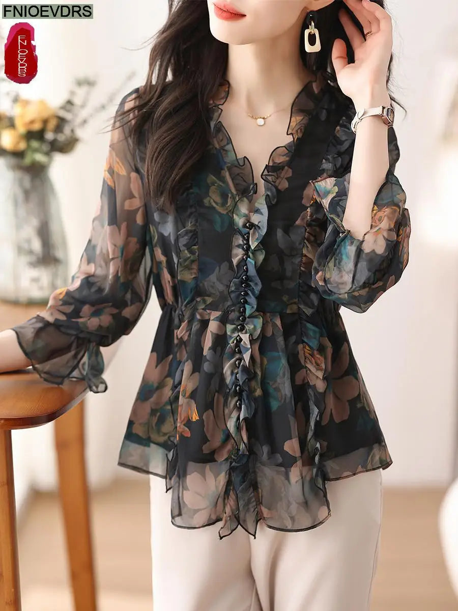 Women Spring Basic Wear Chiffon Shirts  Chic Design Retro Vintage Button Flower Peplum Belly Ruffles Tops Blouses