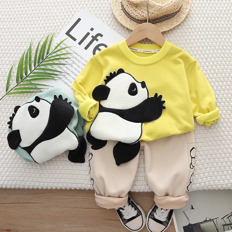 New Spring Autumn Boys Clothing Set Cartoon Panda Full Sleeve Shirt + Pants 2Pcs Outfit For Kids Children Birthday Present