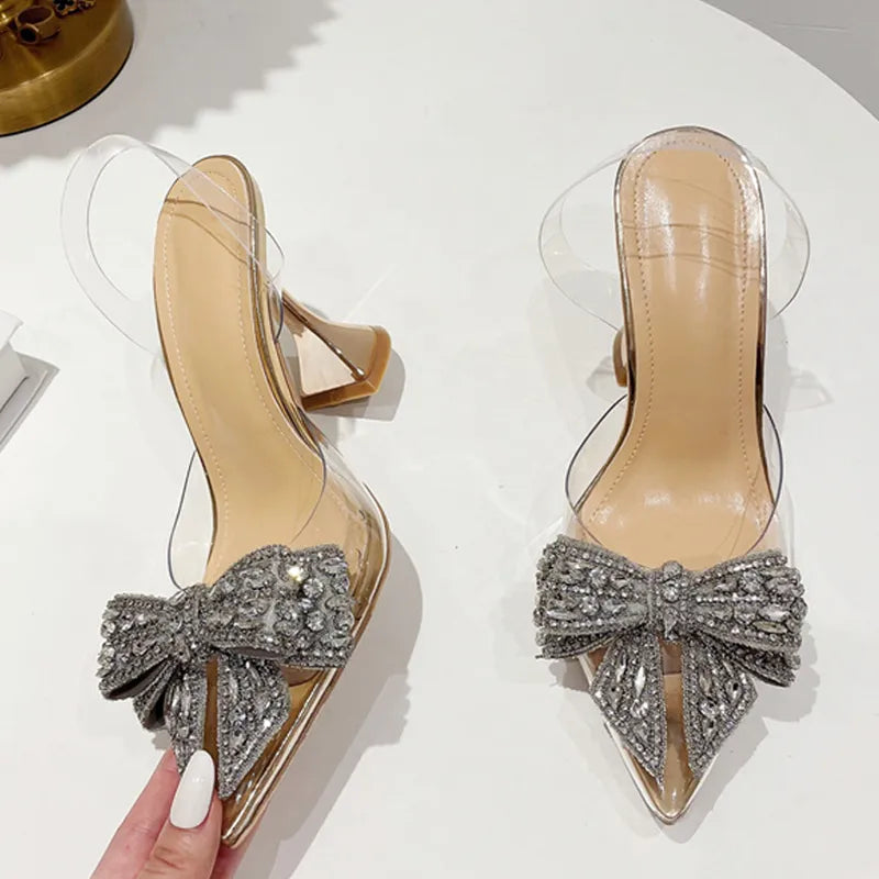 Fashion Crystal Sequined Bowknot Women Pumps Sexy Pointed Toe High Heels Wedding party  Prom Shoes Ladies PVC Transparent Sandals
