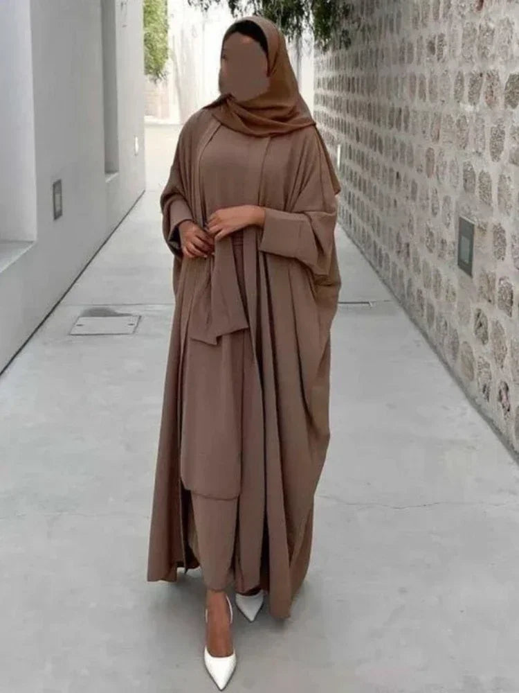 Two Piece Abaya Kimono Set Matching Muslim Abayas for Women Short Sleeve Inner Hijab Dress Clothing