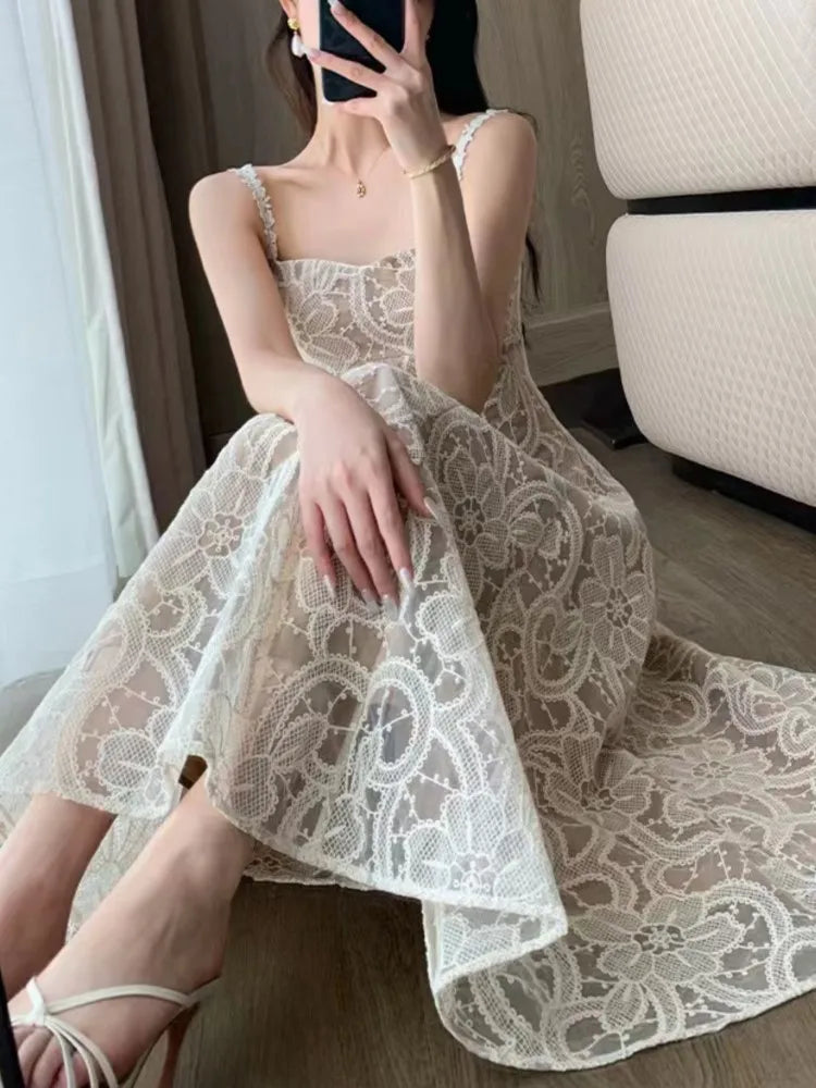 Sleeveless Casual A-Line Lace Women Summer Dress Strap Elegant Chic Solid Party Birthday Prom Robe Female Vestidos Mujers