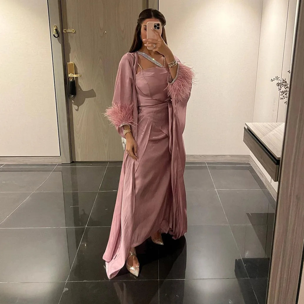 Ramadan Middle East Muslim Women's Feather Hot Diamond Three Piece Dress Islamic Robe