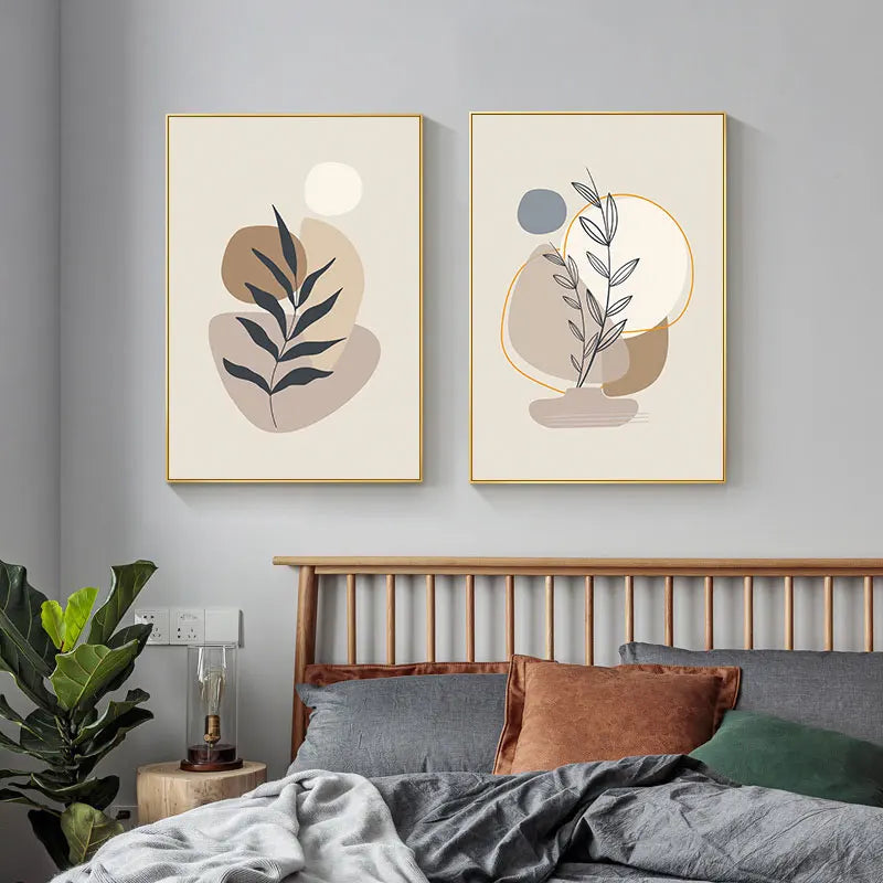 Geometric Leaves Moon Beige Boho Canvas Painting Print Abstract Wall Decorative Posters for Living Room Home Decor Art Picture