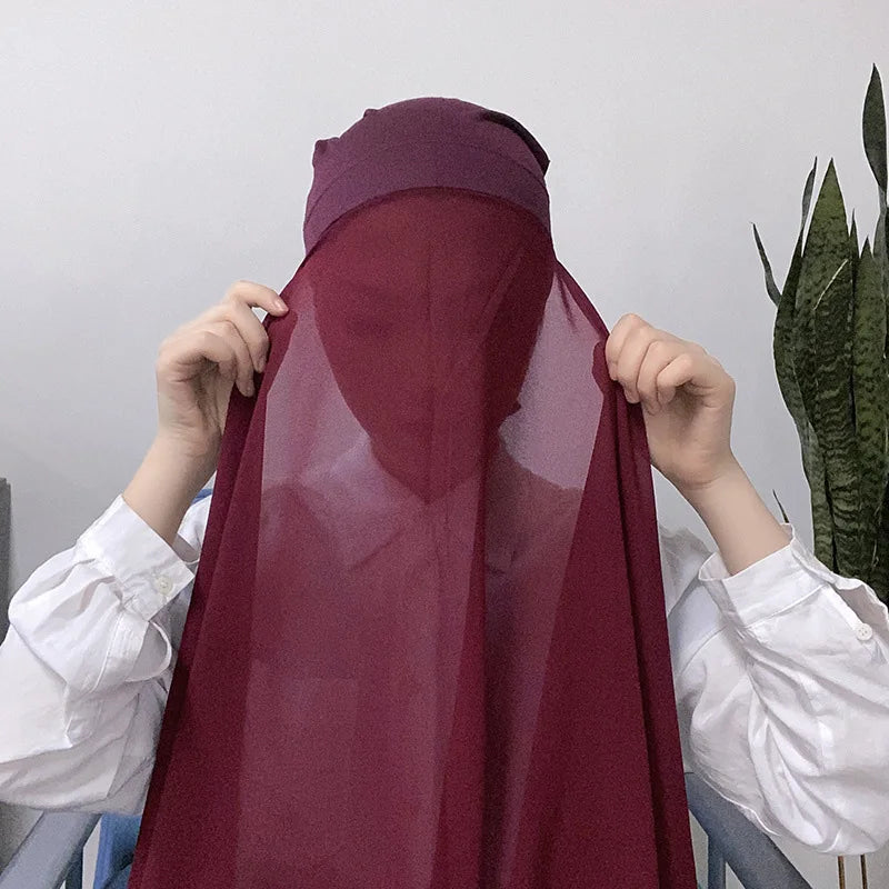 Instant Underscarf Plain Chiffon Hijab With Inner Jersey Moadal Caps Long Scarf Matching Undercap Set