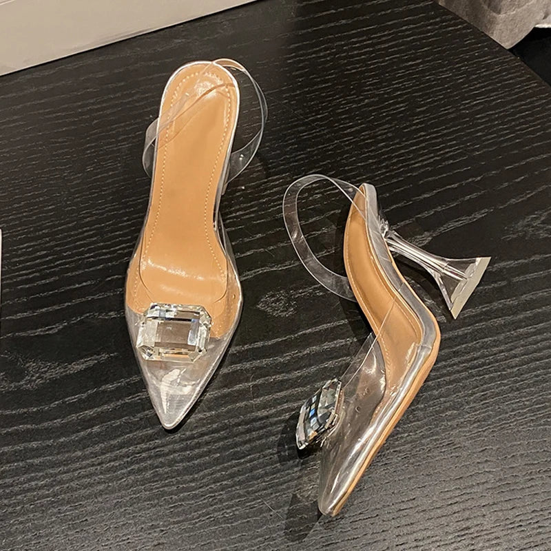 Transparent Shoes For Women Slingback Sandal Fashion Big Diamond Pointed Toe Party Clear High Heels Pumps