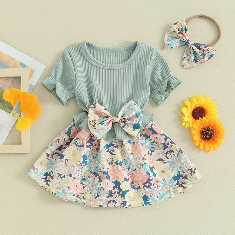 Toddler Girls Clothes Two Piece Outfits Floral Ribbed Patchwork Short Sleeve Princess Dress and Headband Summer Clothing