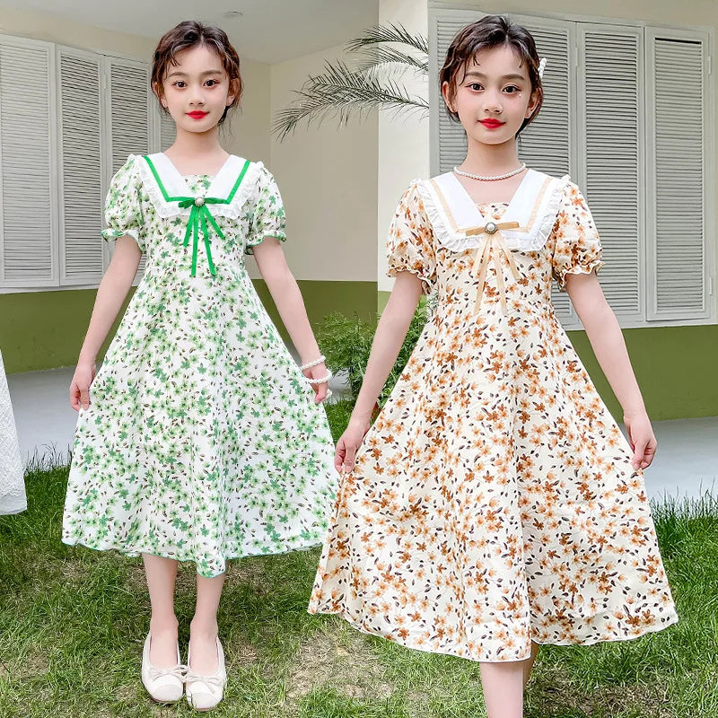 Girls Summer Elegant New Children Casual Princess Teenager floral pearl green dress