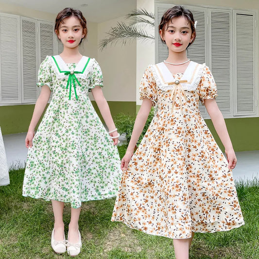 Girls Summer Elegant New Children Casual Princess Teenager floral pearl green dress