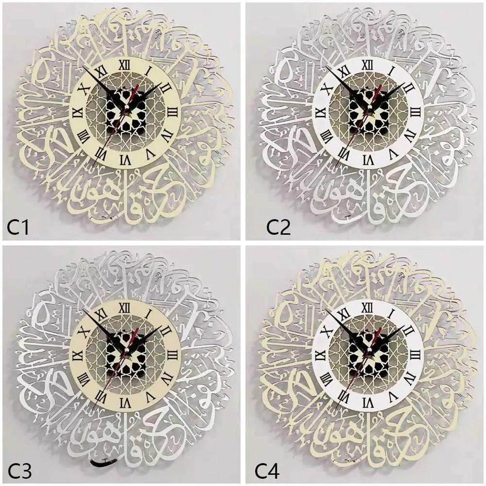 Acrylic Surah Al Ikhlas Wall Clock Islamic Calligraphy Eid Decor Wall Clock Acrylic Mirror Decoration Clock 3D Silent Quartz