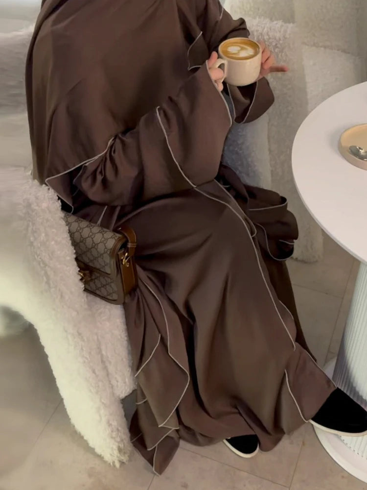 Eid Muslim Abaya for Women 3 Piece Set Abayas & Inner Dress & Headscarf Eid Prayer Dress Lace-up Ramadan Long Robe