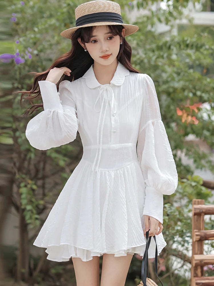 Spring Summer White Chiffon Bow Polo Collar Mini Dress 2024 New Elegant Bodycon Ruffled Dress Women Korean Casual Party Vestidos