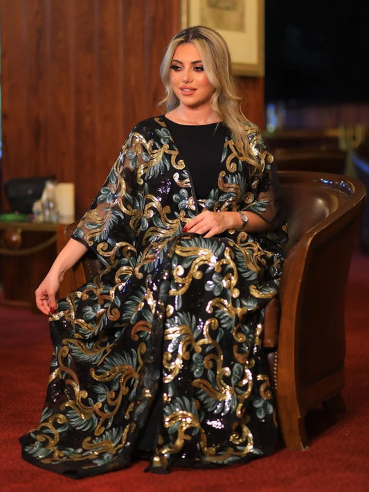 Dress for Women Sequins 3 Piece Set Abaya Belted Muslim Morocco Abayas Vestidos Largos Long Robe