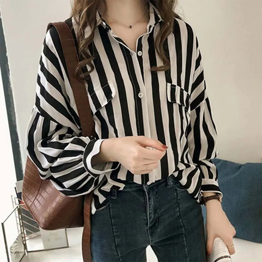 Women Shirts Blouses Loose Striped Female , Casual Blosue