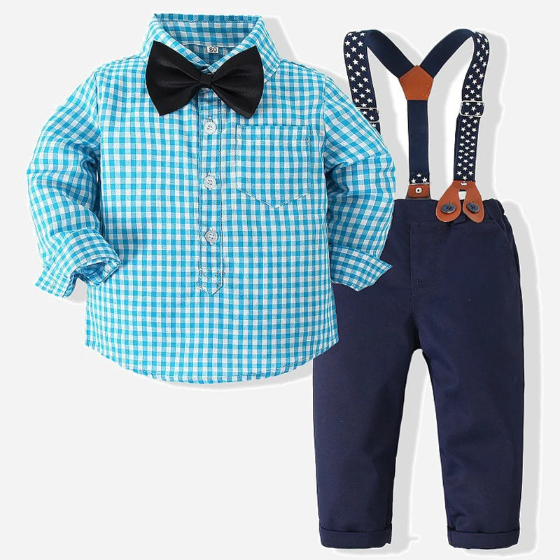 Spring Boys Outfit Set Korean Fashion Gentleman Plaid Cotton Tops+Pants+Strap+Tie Baby Clothing Newborn Clothes