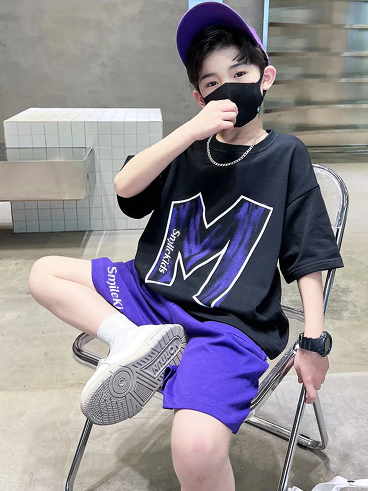 Summer Boys Cotton Contrast Alphabet t-Shirt Tops+Drawstring Shorts Set School Kids Tracksuit Child 2PCS Jogger Outfit