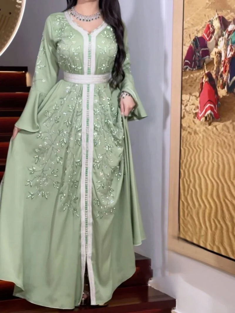 India Turkey Muslim Abaya Dresses Women Elegant Diamond Wedding Evening Party Dress Lace Belted Abaya Morocco Caftan Robe